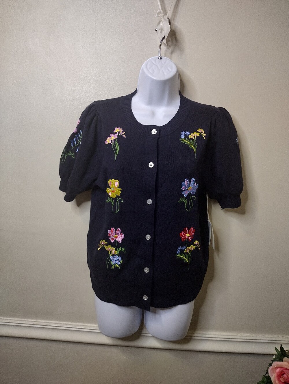 Free Assembly Floral Embroidered Navy Short Sleeve Cardigan